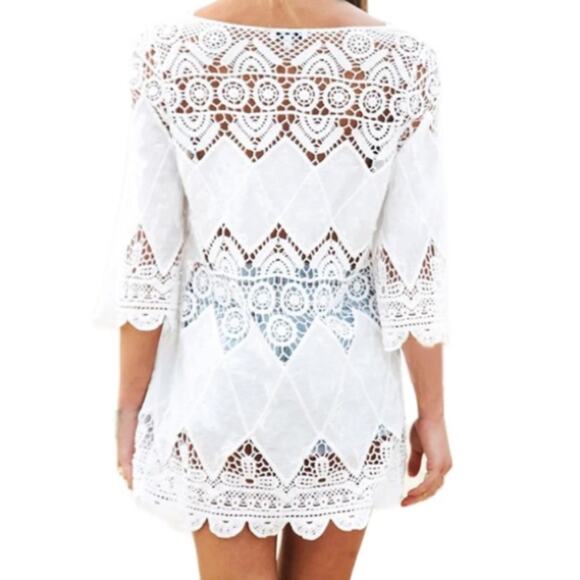 Crochet 3/4 Sleeve Tunic SzM beach pool restore spa bikini cover 100 % Cotton - Picture 3 of 8